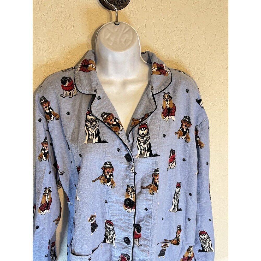 PJ Salvage Pajama Top Women's L Dogs Eyeglasses Flannel Button Up Blue - Picture 5 of 16